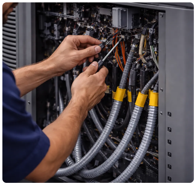 Technician using a screwdriver to work on a complex electrical panel with conduits and wiring harnesses
