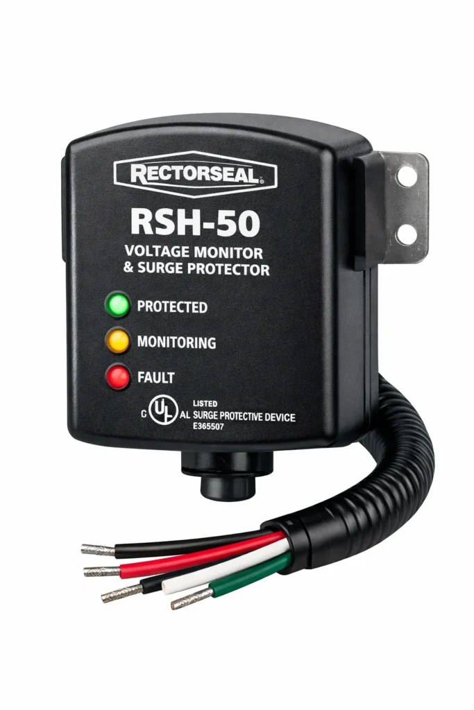 RectorSeal RSH-50 Voltage Monitor and Surge Protector with green, yellow, and red status indicator LEDs and hardwire leads